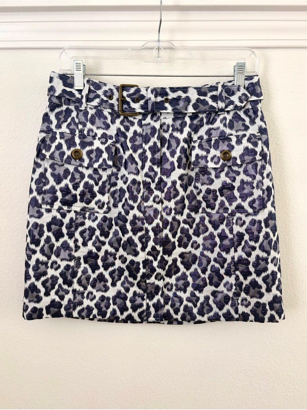 Banana Republic Heritage Metallic Blue and White Safari Leopard Print Mini Skirt